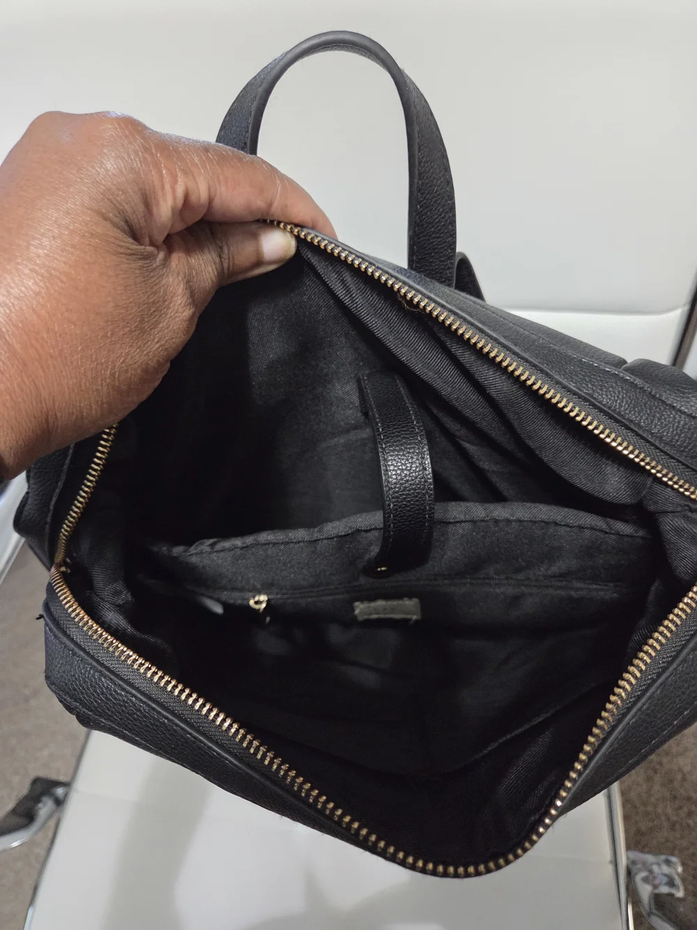 A New Day Black Faux Leather Zip Closure Backpack Purse Gold Hardware